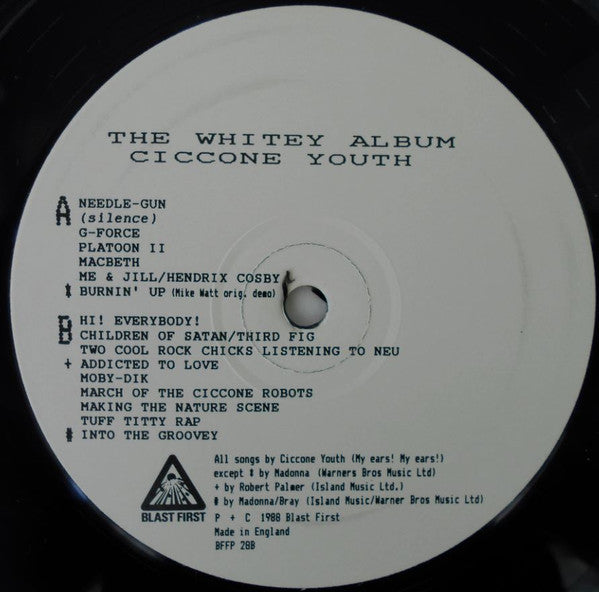 Image of Label Cover of LP - G+/G+ - CICCONE YOUTH, The Whitey Album (Blast First; BFFP28, UK 1986, Textured Sleeve, Inner), Hairlines, Stained rear sleeve. , Sonic Youth side-project formed in 1986  with Mike Watt. - 2316325C