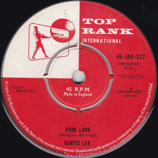 Image of Back Cover of 2514261C: 7" - CURTIS LEE, With All My Heart (I Love You) (Top Rank International; 45-JAR-317, UK 1960, Company Sleeve) Light marks only.   VG/G+