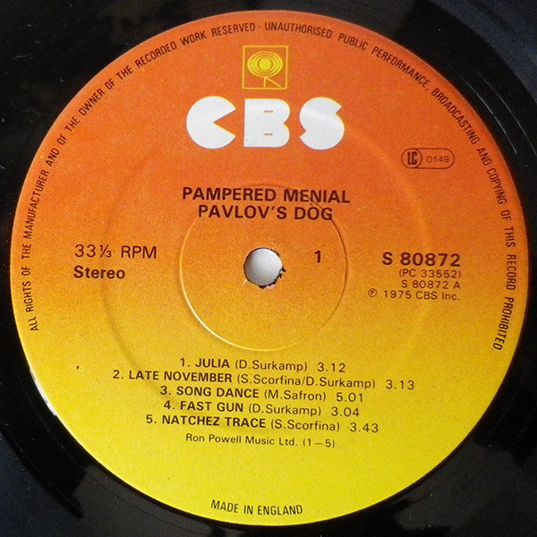 Image of Label Cover of LP - VG/VG - PAVLOV'S DOG, Pampered Menial (CBS Orange/Yellow; S 80872, UK 1970s Reissue, Single Sleeve), Strong VG, Tape mark to sleeve,  - 4116183C