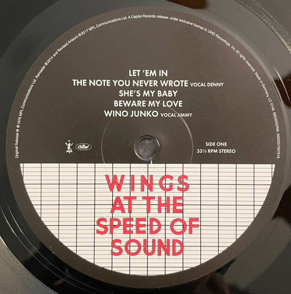 Image of Label Cover of 3014012C: LP - WINGS, Wings At The Speed Of Sound (Capitol Records; 0602557567618, Europe 2017 Reissue, Inner & Insert, 180 Gram Vinyl) Strong VG+  VG+/VG+