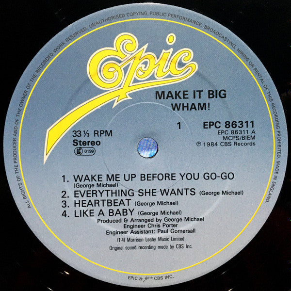 Image of Label Cover of LP - VG/G+ - WHAM!, Make It Big (Epic; EPC 86311, UK 1984, Inner & Insert, No Poster, No Asterix on Labels), Some creasing and grubby marks to sleeve. ,  - 2926352E