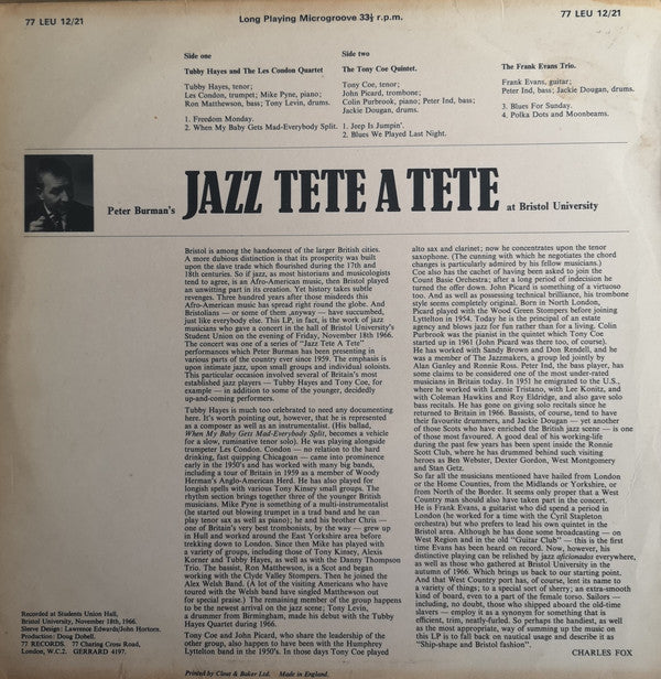 Image of Back Cover of 3024394E: LP - TUBBY HAYES QUARTET, TONY COE QUINTET, FAANK EVANS TRIO, Peter Burman's Jazz Tete A Tete (77 Records; 77 LEU 12/21, UK 1966, Picture Sleeve, Mono) Strong VG. No Sleeve.  /VG