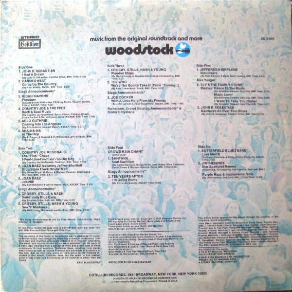 Image of Back Cover of 3xLP - G+/VG - VARIOUS, Woodstock - Music From The Original Soundtrack And More (Cotillion; SD 3-500, US 1970, Triple Gatefold, Presswell Pressing), Hairlines. Large spine tear, heavy edge wear, ring wear.,  - 2546149S