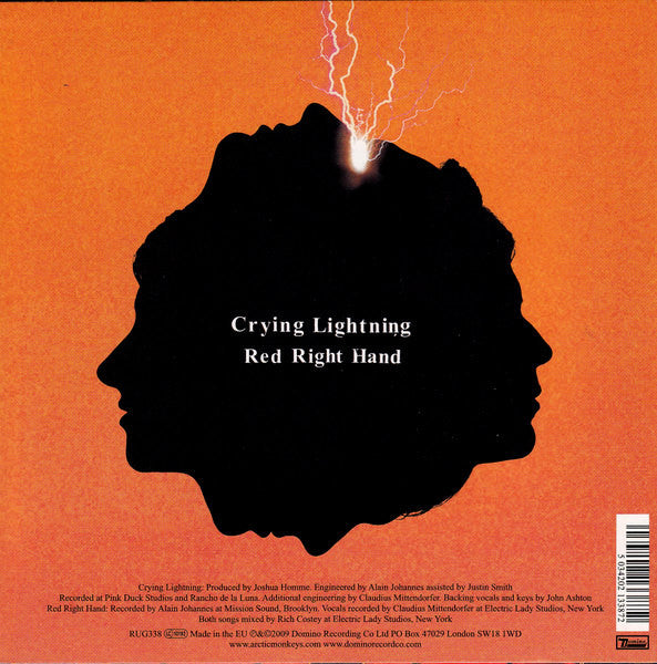 Image of Back Cover of 4624087E: 7" - ARCTIC MONKEYS, Crying Lightning / Red Right Hand (Domino; RUG338, UK 2009, Picture Sleeve With Oxfam Sticker) Strong VG, Edge Wear, Slight Sticker Damage  VG/VG