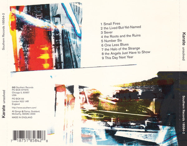 Image of Back Cover of CD - VG+/VG+ - KARATE, Unsolved (Southern Records; 18584-2, UK 2000, Jewel Case), ,  - 1916269C
