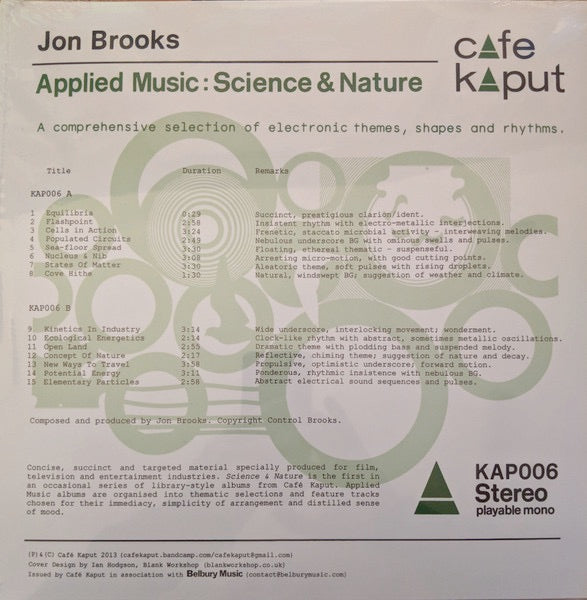 Image of Back Cover of 5114182C: LP - JON BROOKS, Applied Music: Science and Nature (Cafe Kaput; KAP006, UK 2018, Green Vinyl.) Corner bump. Still in shrink.  VG+/VG+