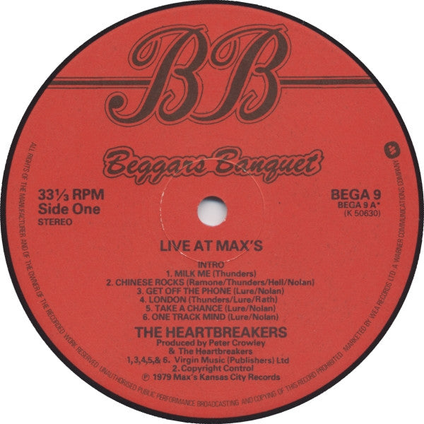 Image of Label of 3524382E: LP - HEARTBREAKERS, Live at Max's Kansas City (Beggars Banquet; BEGA9, UK 1979, Inner)   VG/VG