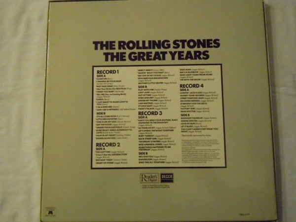 Image of Back Cover of 4xLP - VG/VG - THE ROLLING STONES, The Great Years (Readers's Digest; GROLA119, UK 1982, Box Set), Strong VG, Side one has one long light mark, rest are VG+, Box nicely intact with a light stain to top,  - 2416080C