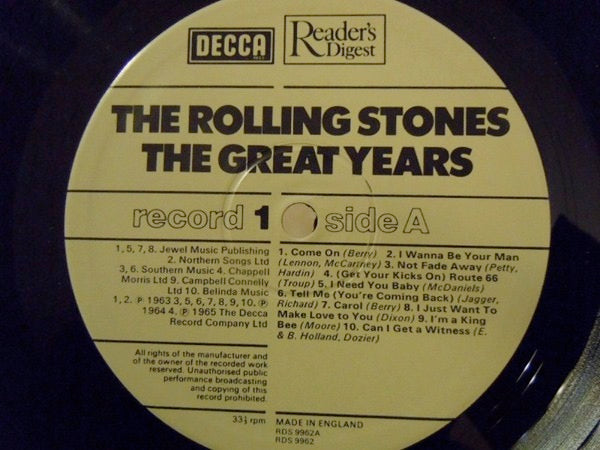 Image of Label Cover of 4xLP - VG/VG - THE ROLLING STONES, The Great Years (Readers's Digest; GROLA119, UK 1982, Box Set), Strong VG, Side one has one long light mark, rest are VG+, Box nicely intact with a light stain to top,  - 2416080C