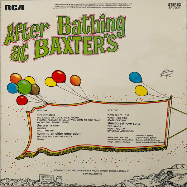 Image of Back Cover of LP - VG/VG - JEFFERSON AIRPLANE, After Bathing at Baxters (RCA Victor Orange; SF 7926, UK 1970 Reissue, Laminated Sleeve), Strong VG, light marks and one heavier mark not affecting play.  Slight sticker damage to sleeve front,  - 3526307E