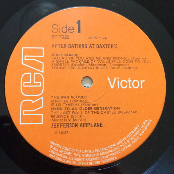 Image of Label Cover of LP - VG/VG - JEFFERSON AIRPLANE, After Bathing at Baxters (RCA Victor Orange; SF 7926, UK 1970 Reissue, Laminated Sleeve), Strong VG, light marks and one heavier mark not affecting play.  Slight sticker damage to sleeve front,  - 3526307E