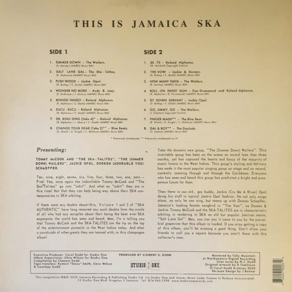 Image of Back Cover of 1414489C: LP - VARIOUS ARTISTS, This Is Jamaica Ska (Studio One / ND Records; CLD-LP 003, US 2021 Reissue, Stickered Sleeve)   NEW/NEW