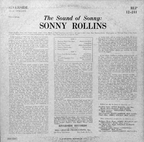 Image of Back Cover of LP - VG+/VG+ - SONNY ROLLINS, The Sound Of Sonny (Riverside Records; SMJ-6139(M), Milestone (4)    SMJ-6139(M), Japan 1976 Reissue, Pasteback Sleeve, Insert, with OBI), OBI has small tear.,  - 3326240E