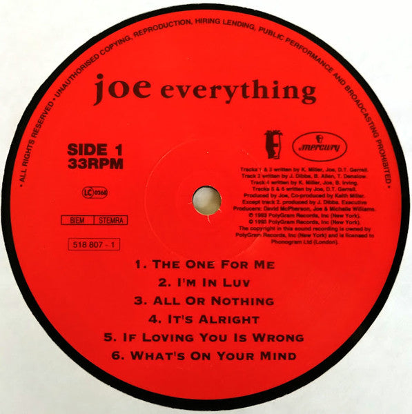 Image of Label Cover of LP - VG/G+ - JOE, Everything (Mercury; 518 807-1, UK 1993), Disc has quite a few streaky light marks.,  - 3016209C