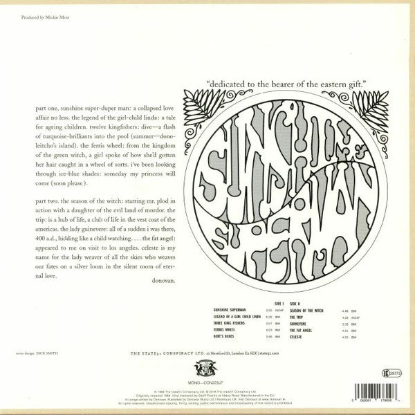 Image of Back Cover of LP - VG+/VG - DONOVAN, Sunshine Superman (The state51 Conspiracy; CON223LP, UK 2018 Reissue, Limited Edition of 300. 180 Gram Vinyl. Mono.), Corner Bump,  - 3526358E