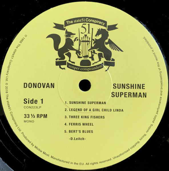 Image of Label Cover of LP - VG+/VG - DONOVAN, Sunshine Superman (The state51 Conspiracy; CON223LP, UK 2018 Reissue, Limited Edition of 300. 180 Gram Vinyl. Mono.), Corner Bump,  - 3526358E