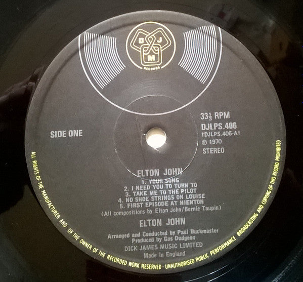 Image of Label Cover of LP - VG+/VG+ - ELTON JOHN, Elton John (DJM Black Yellow and Silver; DJLPS 406, UK 1970, Textured Gatefold, A4/B1. Made in England on labels.), ,  - 4026194E