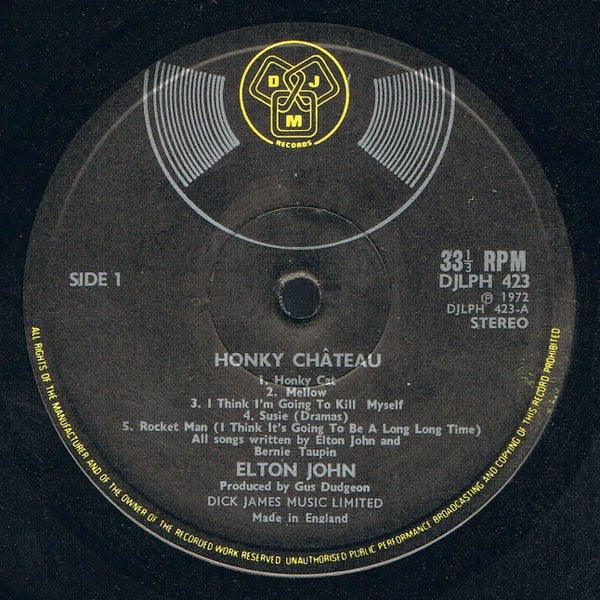 Image of Label Cover of LP - VG+/VG+ - ELTON JOHN, Honky Ch teau (DJM Black Yellow and Silver; DJLPH 423, UK 1972, Textured Gatefold Sleeve, Translucent purple when held up to the light, Stereo Under Cat No On Label), ,  - 2726200E