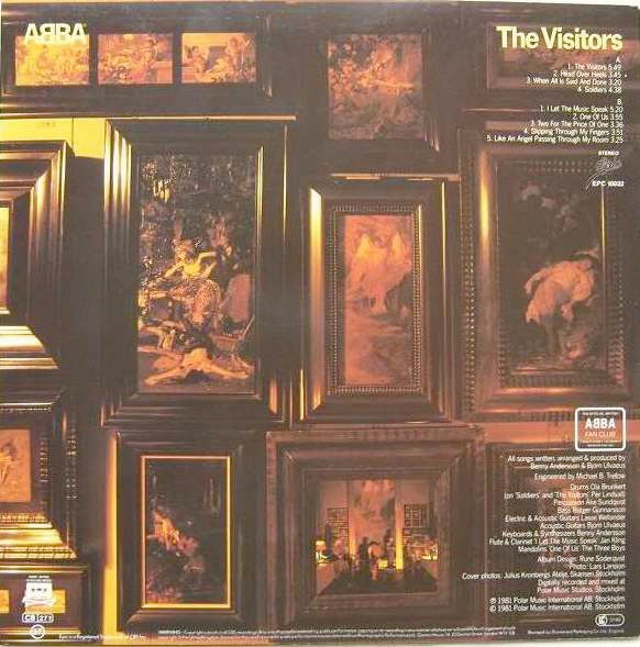 Image of Back Cover of LP - VG/VG+ - ABBA, The Visitors (Epic Light Blue / Yellow Logo; EPC 10032, UK 1981, Inner), 1982 Merch Sheet, Sticker Dmage to Sleeve,  - 1426046E