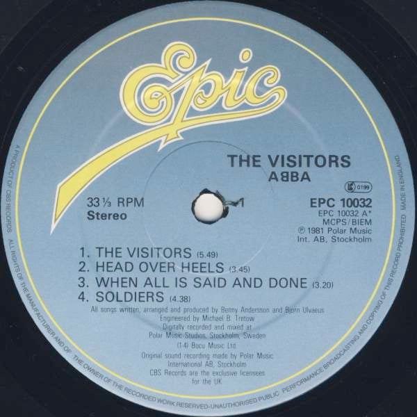 Image of Label Cover of LP - VG/VG+ - ABBA, The Visitors (Epic Light Blue / Yellow Logo; EPC 10032, UK 1981, Inner), 1982 Merch Sheet, Sticker Dmage to Sleeve,  - 1426046E