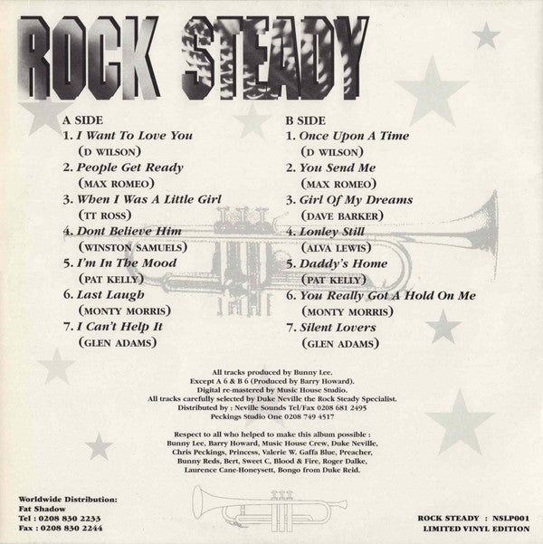 Image of Back Cover of LP - VG/G+ - VARIOUS ARTISTS, Neville Sounds Presents Rock Steady (Neville Sounds; NSLP001, UK 1980s), Superficial lines only, plays above grade.,  - 2816082C