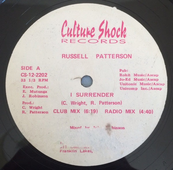 Image of Front Cover of 12" - /G+ - RUSSELL PATTERSON, I Surrender (Culture Shock Records; CS-12-2202, US 1987, Plain Sleeve), Marks on disc. Plays well.,  - 2246142S