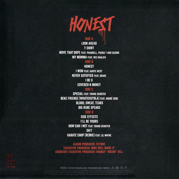 Image of Back Cover of 2xLP - VG+/VG+ - FUTURE, Honest (Legacy; VMP-RH-034, Vinyl Me, Please  � VMP-RH-034, Epic  � VMP-RH-034, US 2020, Debossed Sleeve, 2 Inners, Stencil, Splatter Vinyl, Vinyl Me, Please exclusive pressing comes w/exclusive "I'm Just Being Honest" Stencil), ,  - 4126437E