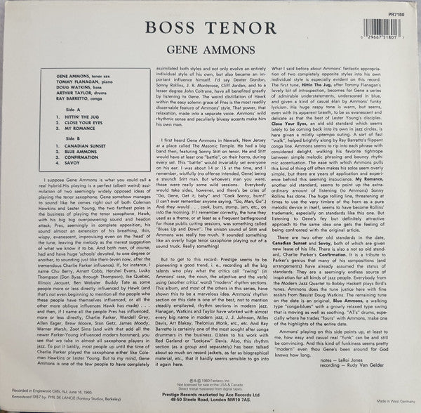 Image of Back Cover of LP - VG/VG - GENE AMMONS, Boss Tenor (Prestige; PR7180, Germany 1987, Direct Metal Mastering), Light hairlines and scuffs. Sleeve has small creases around the edges.,  - 4026269E