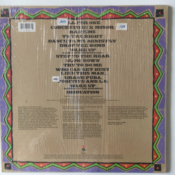 Image of Back Cover of LP - VG/G+ - BRAND NUBIAN, One For All (Elektra; 9 60946-1, US 1990), Lots of lighter marks. Sleeve has edge and spine wear, slightly split at corners, with some creases,  - 1216296C
