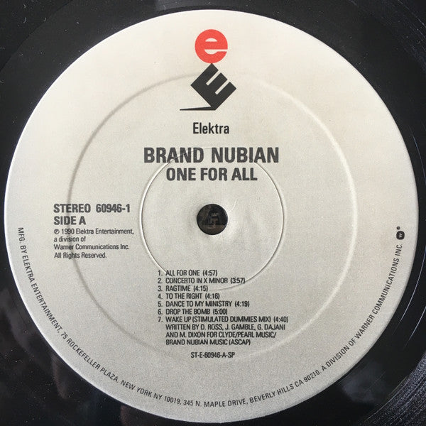 Image of Label Cover of LP - VG/G+ - BRAND NUBIAN, One For All (Elektra; 9 60946-1, US 1990), Lots of lighter marks. Sleeve has edge and spine wear, slightly split at corners, with some creases,  - 1216296C