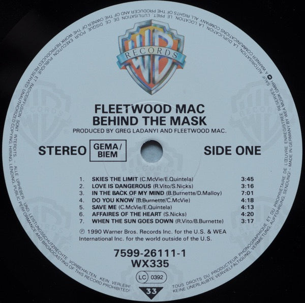 Image of Label Cover of 1144189S: LP - FLEETWOOD MAC, Behind The Mask (Warner Bros. Records; 7599-26111-1, Europe 1990, Inner, GEMA/BIEM Label Rights. Cat No. On Inner.) Strong copy. Cover still in shrink.   EX/VG+