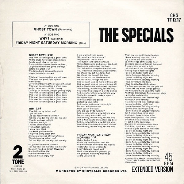 Image of Back Cover of 12" - VG+/VG+ - THE SPECIALS, Ghost Town / Why? / Friday Night, Saturday Morning (Two-Tone Records; CHS TT 1217, UK 1981, Picture Sleeve), ,  - 1926279E