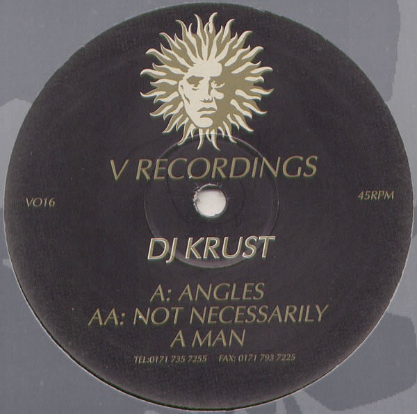 Image of Back Cover of 12" - G+/G+ - DJ KRUST, Angles / Not Necessarily A Man (V Recordings; V016, UK 1996), Extensively marked and hairlined. Sleeve is creased and battered.,  - 4216677C