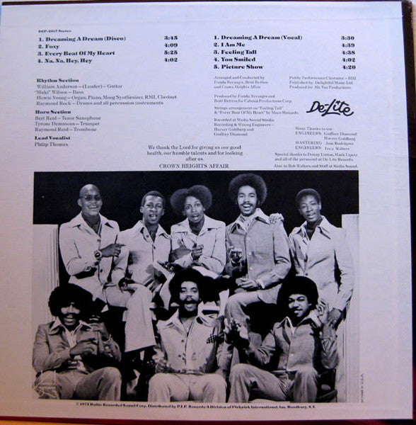 Image of Back Cover of LP - VG/VG - CROWN HEIGHTS AFFAIR, Dreaming a Dream (De-Lite; DEP-2017, US 1975), Shrink-wrap and notched cut-out on sleeve. Wear and bumps at corner,  - 2816330C