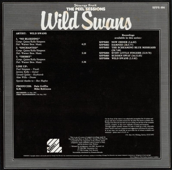 Image of Back Cover of 0616081C: 12" - WILD SWANS, The Peel Sessions (Strange Fruit; SFPS 006, UK 1986, Picture Sleeve) Long light hairlines, Nick to sleeve spine  VG/G+