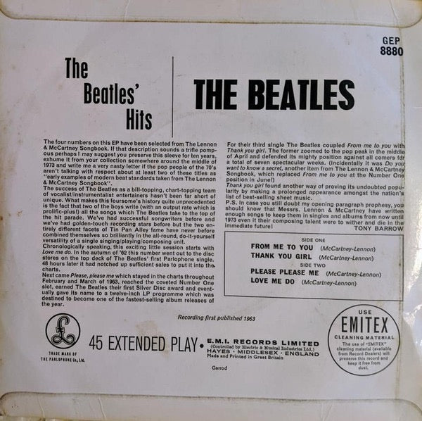 Image of Back Cover of 7" EP - VG/G - THE BEATLES, Hits (Parlophone Black/Yellow; GEP 8880, UK 1963, Laminated Flipback Sleeve, 1st Pressing - No Recording 1st Published on label), Light marks only, Sleeve intact but a little worn,  - 3516111C