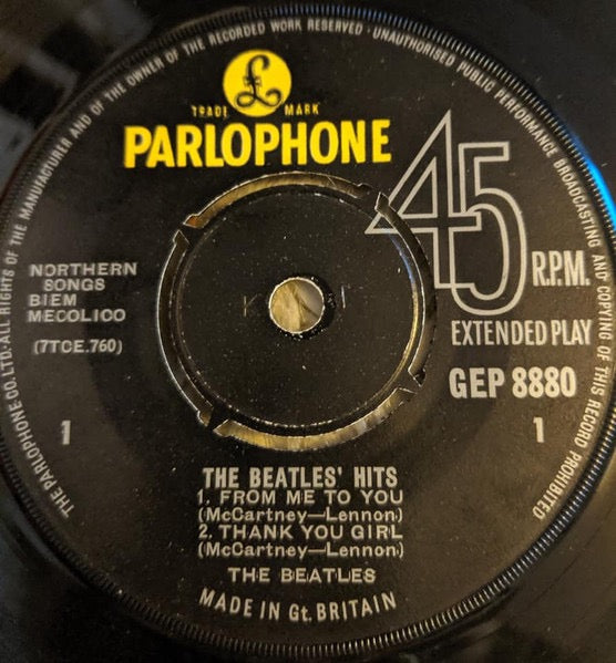 Image of Label Cover of 7" EP - VG/G - THE BEATLES, Hits (Parlophone Black/Yellow; GEP 8880, UK 1963, Laminated Flipback Sleeve, 1st Pressing - No Recording 1st Published on label), Light marks only, Sleeve intact but a little worn,  - 3516111C