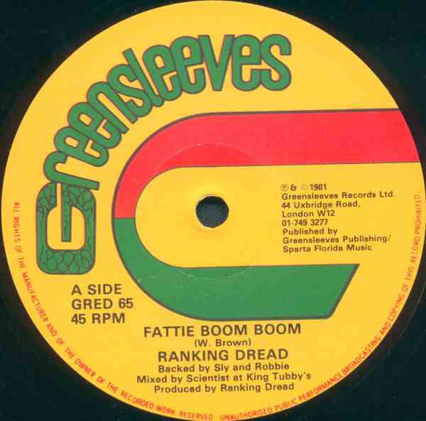 Image of Back Cover of 12" - VG/VG - RANKING DREAD, Fattie Boom Boom (Greensleeves Records; GRED 65, UK 1981, Company Sleeve), ,  - 2916254C