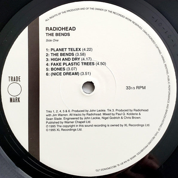 Image of Label Cover of LP - VG+/VG - RADIOHEAD, The Bends (XL Recordings; XLLP780, US 2016 Reissue, Inner), Strong VG, light hairlines. Corner wear and creasing.,  - 3826021E