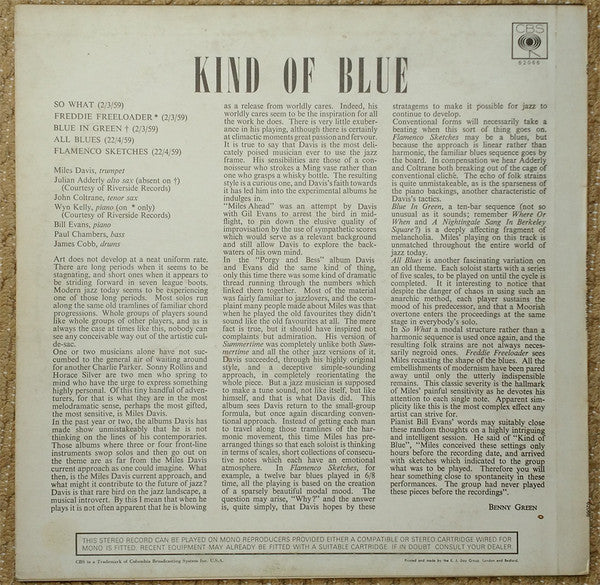 Image of Back Cover of LP - G/G - MILES DAVIS, Kind of Blue (CBS Orange (33 1/3 On Label); S BPG 62066, UK 1968 Reissue, Front Laminated Non Flipback G&L Sleeve, Stereo, Misprint B1 'All Blue' on Label, 'E.J. Day Group' printer credits.), Scratches across the full A-side. Causes light static throughout, with very slight popping on A3. Plays much closer to G+. Writing on back of sleeve. Slight tear on opening.,  - 1946321S