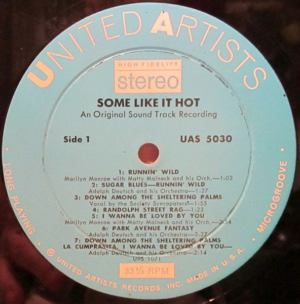 Image of Label Cover of LP - VG+/VG - VARIOUS, Some Like It Hot - OST (United Artists Records; UAS 5030, US 1959, Stereo), ,  - 3626101E