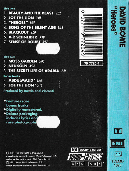 Image of Back Cover of Cassette - VG+/VG+ - DAVID BOWIE, "Heroes" (EMI; TCEMD 1025, UK 1991 Reissue, Remastered), ,  - 2636060E