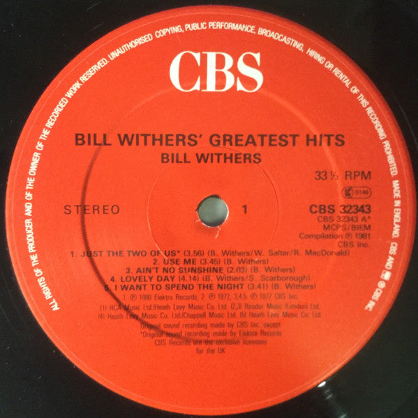Image of Label Cover of LP - VG/VG - BILL WITHERS, Bill Withers' Greatest Hits (CBS Red Label; 32343, CBS    CBS 32343, UK 1980s Reissue, Reissue, No CBS and CBS INC at bottom of label.), ,  - 3626378E