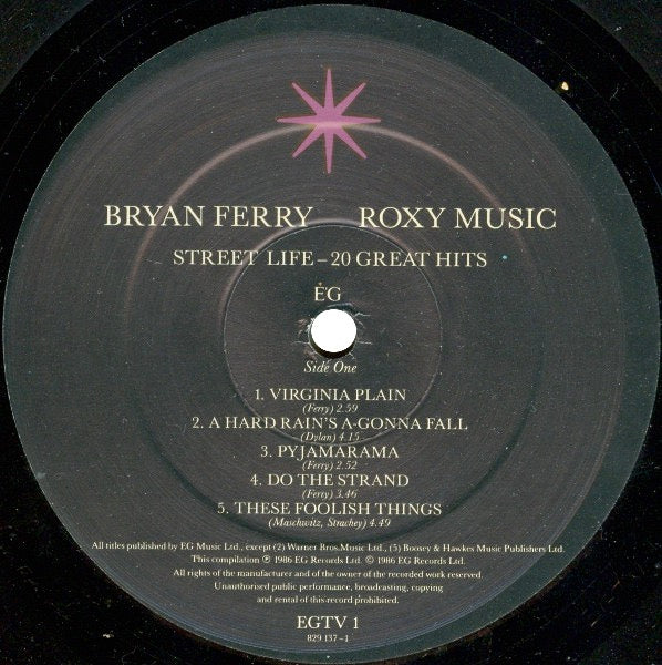 Image of Label Cover of 2xLP - VG/VG - BRYAN FERRY / ROXY MUSIC, Street Life - 20 Greatest Hits (EG; EGTV 1, UK 1986, Gatefold, 2 Black Inners, Marketed By Polydor), Initials Written in Black Marker on Front and Rear Sleeves and Labels,  - 3226127E