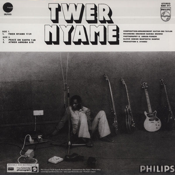 Image of Back Cover of LP - VG+/EX - EBO TAYLOR, Twer Nyame (Superfly Records ; SRLP005, France 2012 Reissue, Insert), , Reissue by label formed by record store in Paris. Strictly limited to 1000 copies.Pressed on 180 gram vinyl with authentic paste-on covers printed in Japan.Includes 25x25cm double-sided insert on card stock. - 4026314E