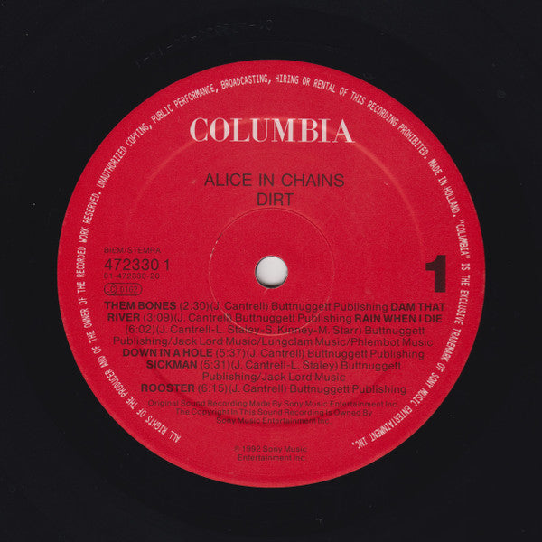 Image of Label Cover of LP - VG/VG - ALICE IN CHAINS, Dirt (Columbia; 472330 1, Europe 1992, Inner), Strong VG - Plays well, Minor Edge and Ring Wear. 4cm Seam Split on Top Seam,  - 3926151E