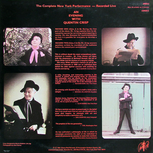 Image of Back Cover of 2xLP - VG+/VG+ - QUENTIN CRISP, An Evening With (Cherry Red; DRED2, UK 1981, Gatefold), ,  - 2126279E