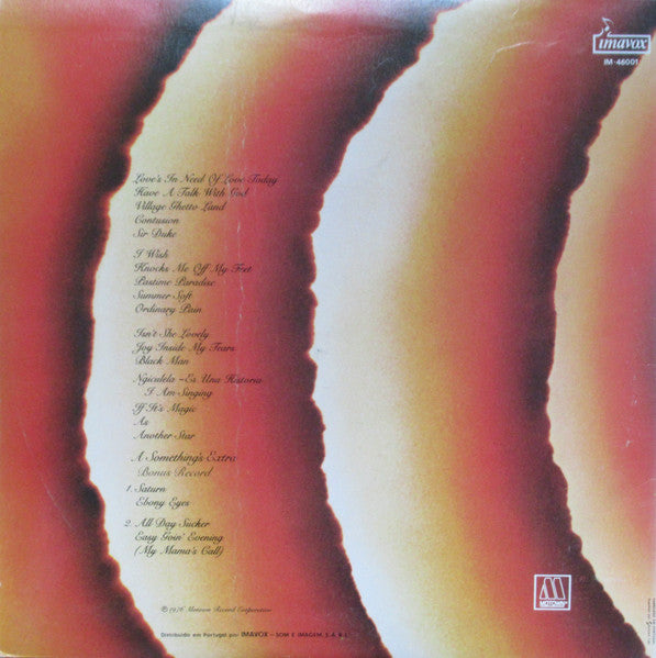Image of Back Cover of 2xLP - VG+/VG+ - STEVIE WONDER, Songs in the Key of Life (Imavox; IM46001, Portugal 1976, Gatefold, Booklet, With 7"), Light marks only. Laminate creasing, light edge wear.,  - 3946443S