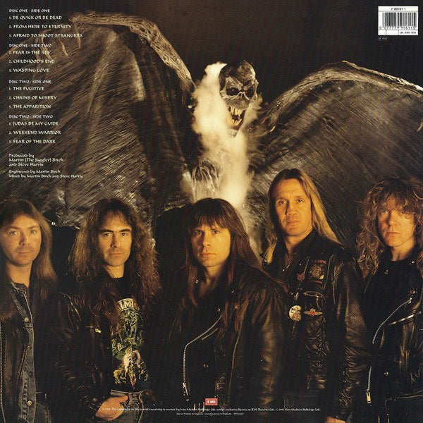 Image of Back Cover of 2xLP - VG/VG - IRON MAIDEN, Fear Of The Dark (EMI; EMD 1032, UK 1992, Gatefold, DRG Inners), Records are strong VG - 8 or 9 light hairlines across the 4 sides. Sleeve has edgewear, creases, indentations. ,  - 2326252E