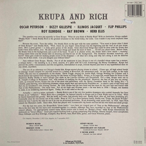 Image of Back Cover of LP - VG/EX - GENE KRUPA AND BUDDY RICH, Krupa And Rich (Verve Records; 817 109-1, France 1984 Reissue), ,  - 4326153E